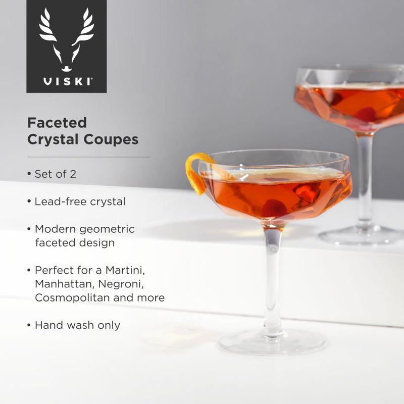 Viski Faceted Coupe Glasses set of 2, Champagne, Martini, Wine, Crystal Cocktail Glasses for Bar, Drinking Glass Set of 2, 7oz - Image 2